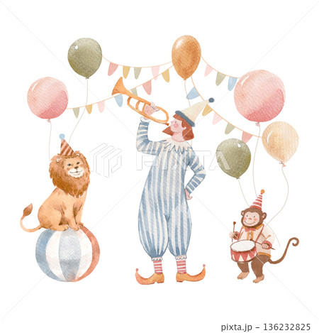 Watercolor Circus Illustration with Clowns and Animals, Cute Baby Party Nursery Art 136232825