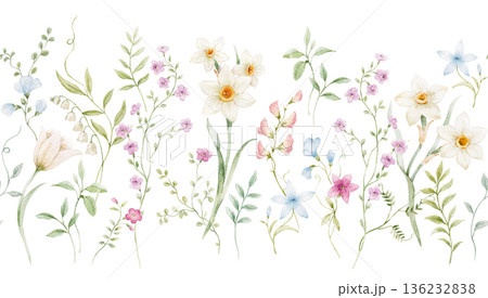 Seamless horizontal watercolor floral border pattern with delicate spring flowers and greenery. Hand painted botanical design arranged as a continuous floral border, perfect for wallpaper, fabric 136232838