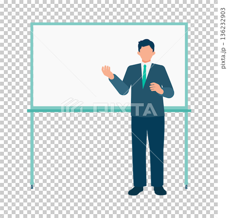 全身插圖，描繪一名男子指著白板進行解說。適用於簡報。 136232903