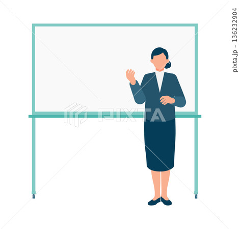 ホワイトボードを指差して説明する女性の全身イラスト 研修や講義に使える ホワイトボードを指差して説明する女性の全身イラスト 研修や講義に使える 136232904