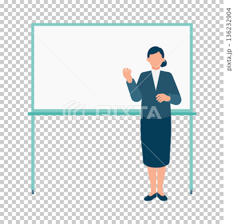 Full-body illustration of a woman pointing at a whiteboard and explaining. Can be used for training and lectures. 136232904