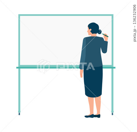 ホワイトボードに書き込む女性の全身後ろ姿イラスト 学習や企画シーン向け ホワイトボードに書き込む女性の全身後ろ姿イラスト 学習や企画シーン向け 136232906