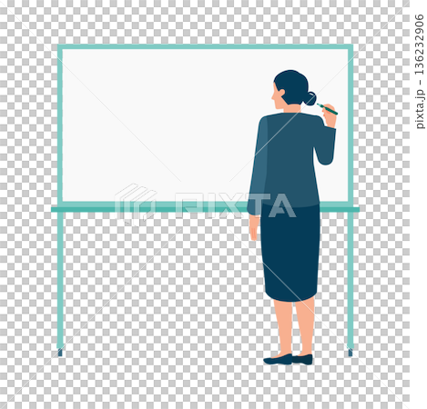 一位女性在白板上書寫的全身背影插圖。非常適合用於學習和場景規劃。 136232906