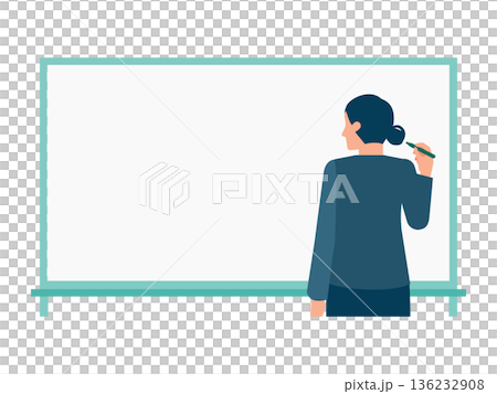 用於教育材料和影片的插圖，描繪了一位女性背對著白板書寫的場景。 136232908