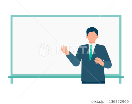 ホワイトボードを指差して説明する男性の上半身イラスト スライド素材向け 136232909