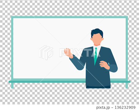 圖解：一名男子指著白板進行講解。適用於幻燈片。 136232909