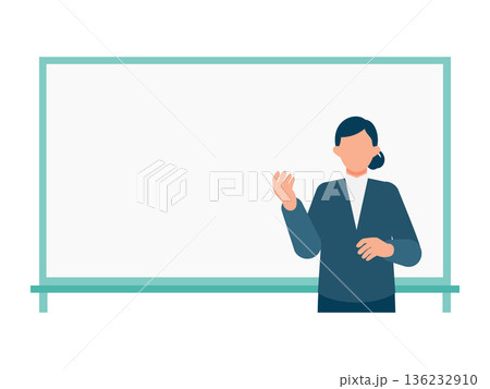 ホワイトボードを指差して説明する女性の上半身イラスト 解説コンテンツ向け 136232910