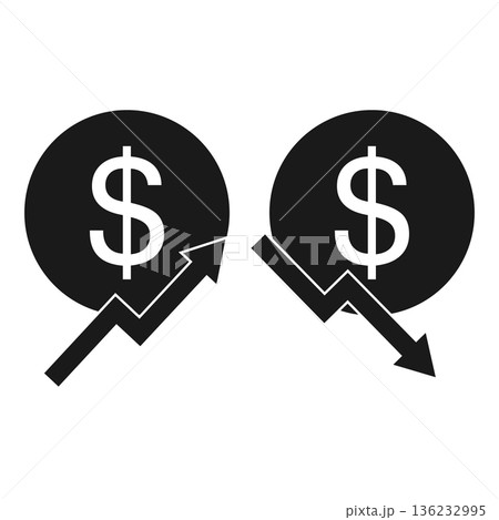 Vector Icon set of a graph of the rising and falling currency of the dollar. The graph shows an up and down arrow and a US dollar sign. Vector Icon set of a graph of the rising and falling currency of the dollar. The graph shows an up and down arrow and a US dollar sign. 136232995