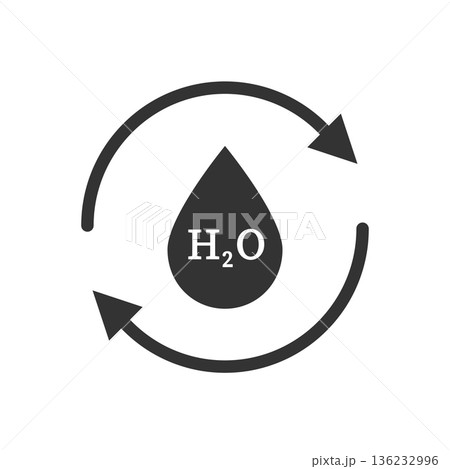Drop of H2O water with arrows around icon. Illustration of an isolated recycle or reuse sign with the text H2O 136232996