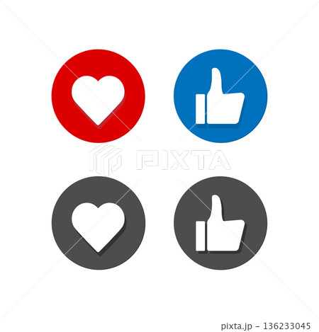 Thumbs up and down, heart signs on colorful round flat vector icons. Simple buttons with user feedback for social network, mobile app or web site design Thumbs up and down, heart signs on colorful round flat vector icons. Simple buttons with user feedback for social network, mobile app or web site design 136233045
