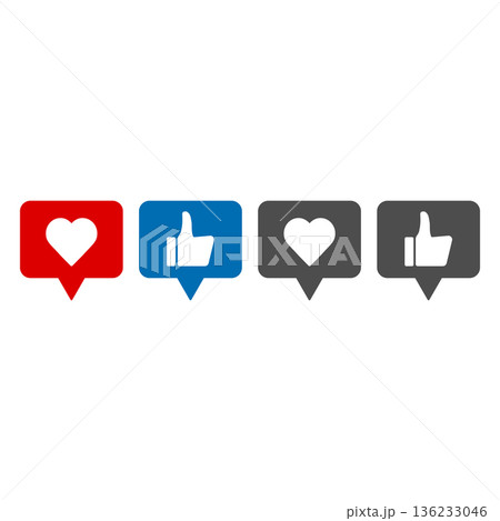 Thumbs up and down, heart signs on colorful round flat vector icons. Simple buttons with user feedback for social network, mobile app or web site design 136233046