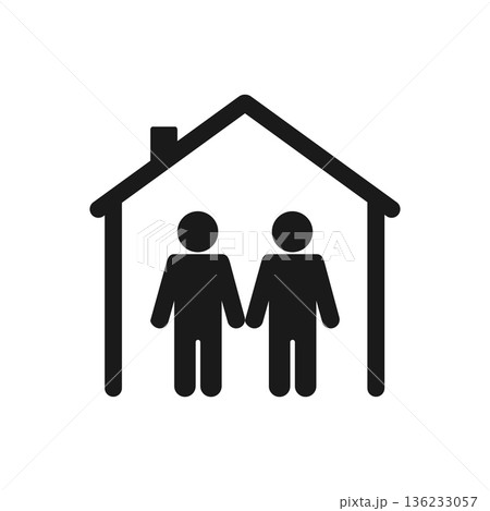 Silhouette of people in the house linear icon. Stop Covid-19 Sign with Stay Home sign. Vector Image. 136233057