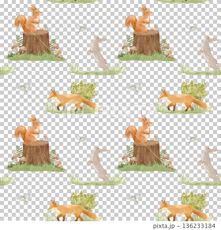 Seamless woodland pattern with cute forest animals including fox, bird, and rabbit. Perfect nursery wallpaper featuring baby creatures 136233184