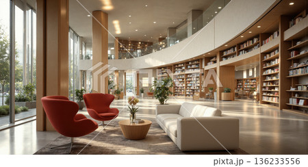 Elegant University Library - Spacious reading hall with towering bookshelves, warm lighting, and modern seating arrangements. Elegant University Library - Spacious reading hall with towering bookshelves, warm lighting, and modern seating arrangements. 136233556