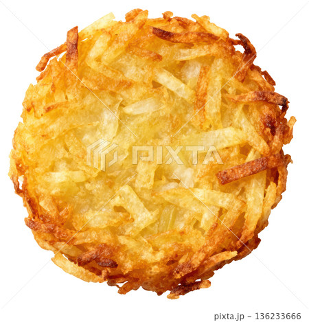 Hash brown potato patty crispy fried snack circle top view food texture closeup 136233666