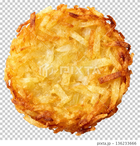 Hash brown potato patty crispy fried snack circle top view food texture closeup 136233666