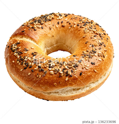Delicious Everything Bagel Topped with Sesame and Poppy Seeds 136233696