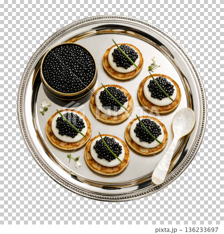 Caviar blini canape gourmet snack silver tray luxury appetizer elegant party food 136233697