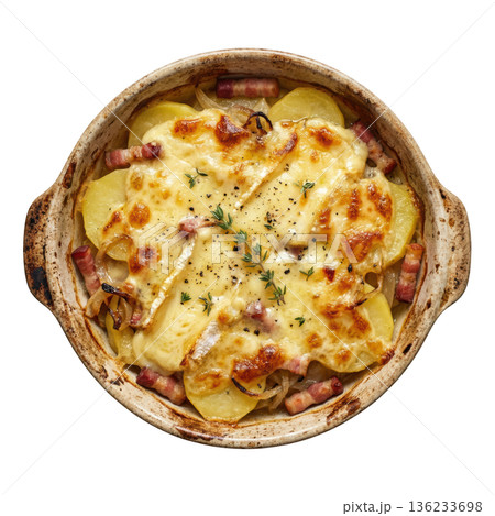 Potato cheese onion bacon gratin baked rustic comfort food Savoie potato cheese onion bacon gratin baked rustic comfort meal 136233698