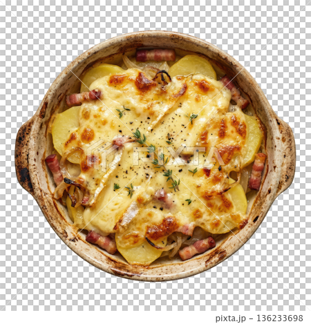Potato cheese onion bacon gratin baked rustic comfort food Savoie potato cheese onion bacon gratin baked rustic comfort meal 136233698