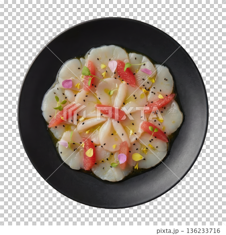 Scallop carpaccio raw scallop thin slice grapefruit segment black sesame petal garnish elegant plate 136233716