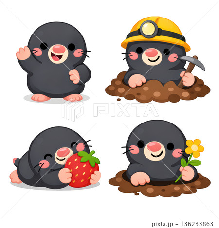 Cute mole character, cartoon mole, happy mole, mining mole, playful mole family 136233863