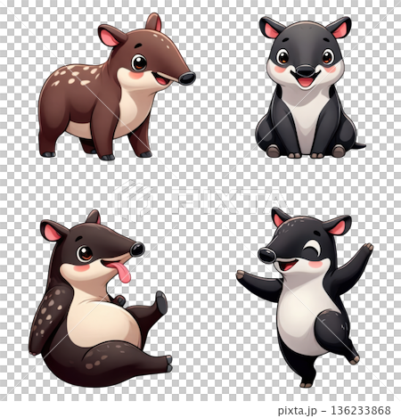 Cute tapir cartoon baby tapir character happy animal mascot playful wildlife set in grid layout 136233868
