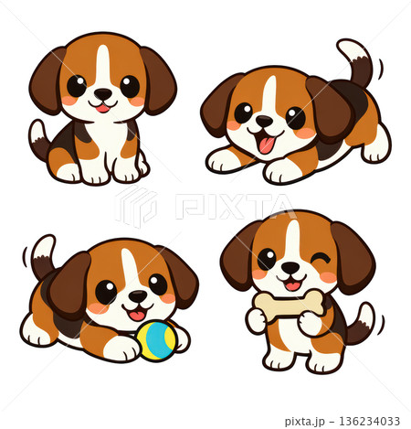 Cute beagle cartoon puppy playful beagle character set collection joyful pose 136234033