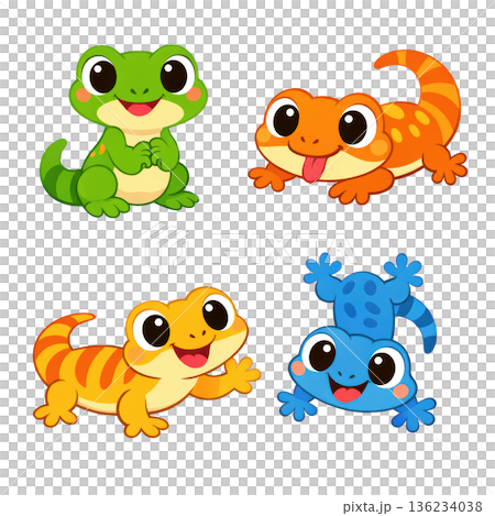 Cute cartoon gecko set adorable reptile character happy expression 136234038