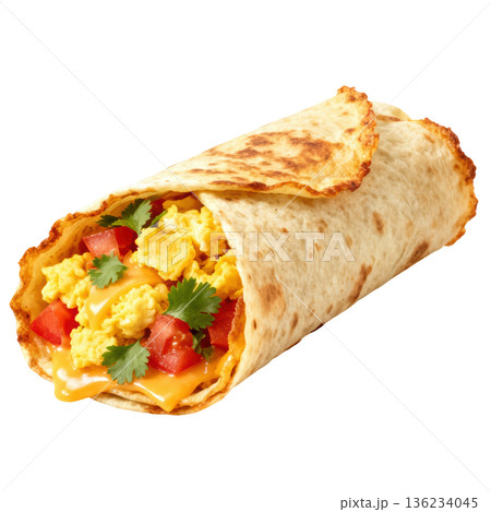 Breakfast burrito cheese egg, tortilla, tomato, cilantro, closeup delicious snack 136234045