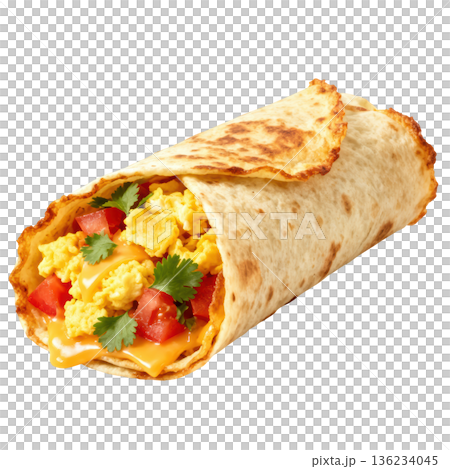 Breakfast burrito cheese egg, tortilla, tomato, cilantro, closeup delicious snack 136234045