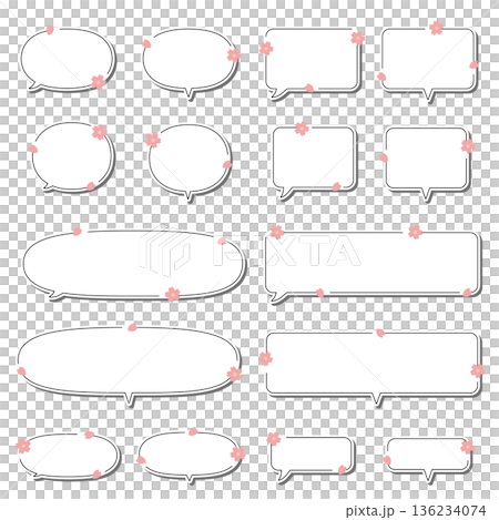 Sticker-style speech bubble set with dashed lines and cherry blossoms 136234074
