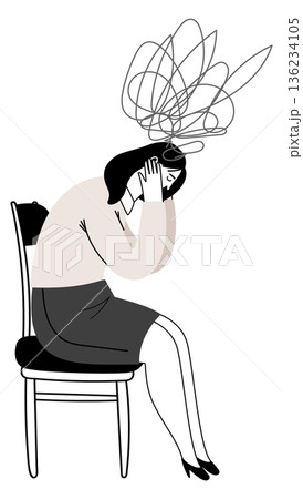 Confused thoughts icon. Female character in anxiety and stress Confused thoughts icon. Female character in anxiety and stress 136234105