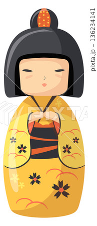 Japanese woman in kimono toy. Asian cartoon doll Japanese woman in kimono toy. Asian cartoon doll 136234141
