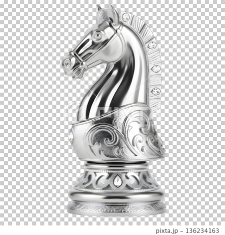 Regal and elegant silver knight chess piece with luxury ornate details and sparkling diamond, symbol of power 136234163