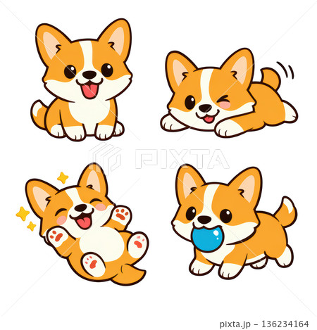 Cute corgi cartoon puppy playful happy corgi dog kawaii pet character smiling expression fun 136234164