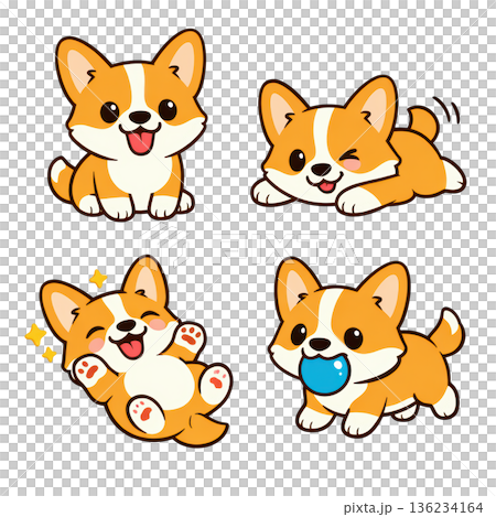 Cute corgi cartoon puppy playful happy corgi dog kawaii pet character smiling expression fun 136234164