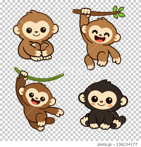 Cute gibbon cartoon playful monkey jungle animal funny primate sticker joyful pose 136234177