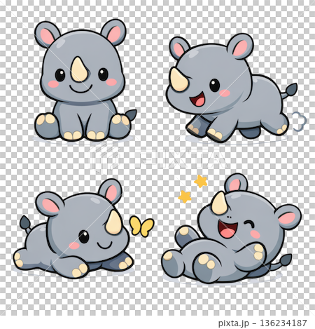 Cute cartoon rhino baby rhinoceros kawaii animal playful character happy sitting pose playful 136234187