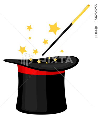Magician top hat with magic wand cartoon icon Magician top hat with magic wand cartoon icon 136234253