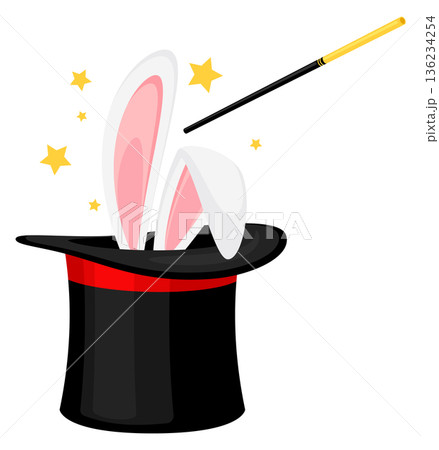 Magic trick show icon. Magician wand and bunny ears in cylinder 136234254