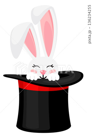 Cute bunny in top hat. Magician trick icon Cute bunny in top hat. Magician trick icon 136234255
