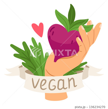 Tasty vegetarian food label. Fresh farm vegetable 136234270