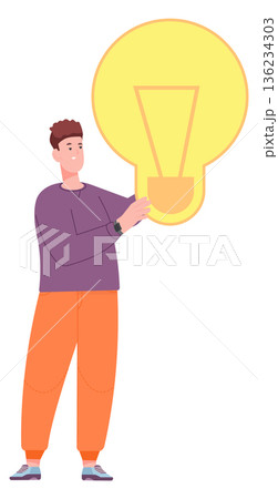 Guy hold big lightbulb. Idea color icon 136234303