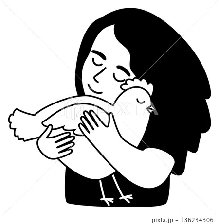 Girl love cuddle chicken pet. Vegan black character 136234306