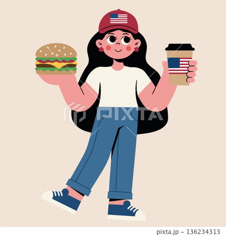 Young woman with an american flag cap holding a burger and coffee, vector illustration. Ideal for labor day, 4th of july, and patriotic food service themes 136234313