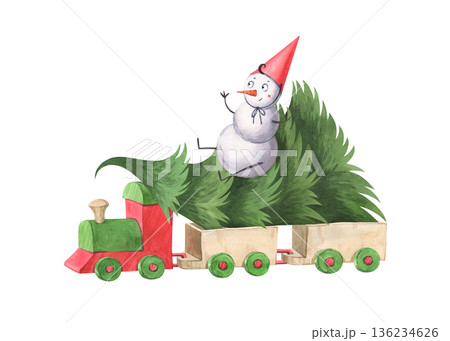 A cheerful snowman in a festive hat sits on a Christmas tree pulled by a steam locomotive 136234626