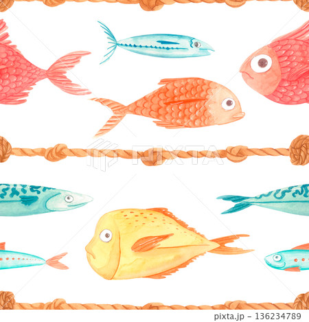 Watercolor ocean seamless pattern with colorful fish and nautical rope horizontal stripes. Marine summer design in cute style. 136234789