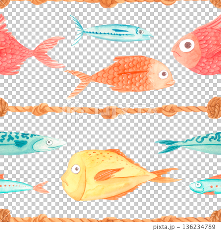 Watercolor ocean seamless pattern with colorful fish and nautical rope horizontal stripes. Marine summer design in cute style. 136234789
