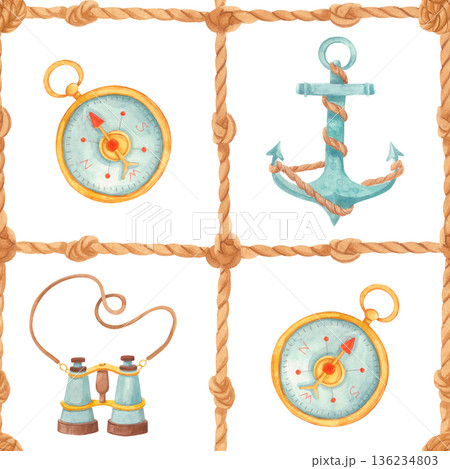 Watercolor nautical seamless pattern with anchor, binoculars, compass and ropes. Marine design with sailor tools in vintage style 136234803